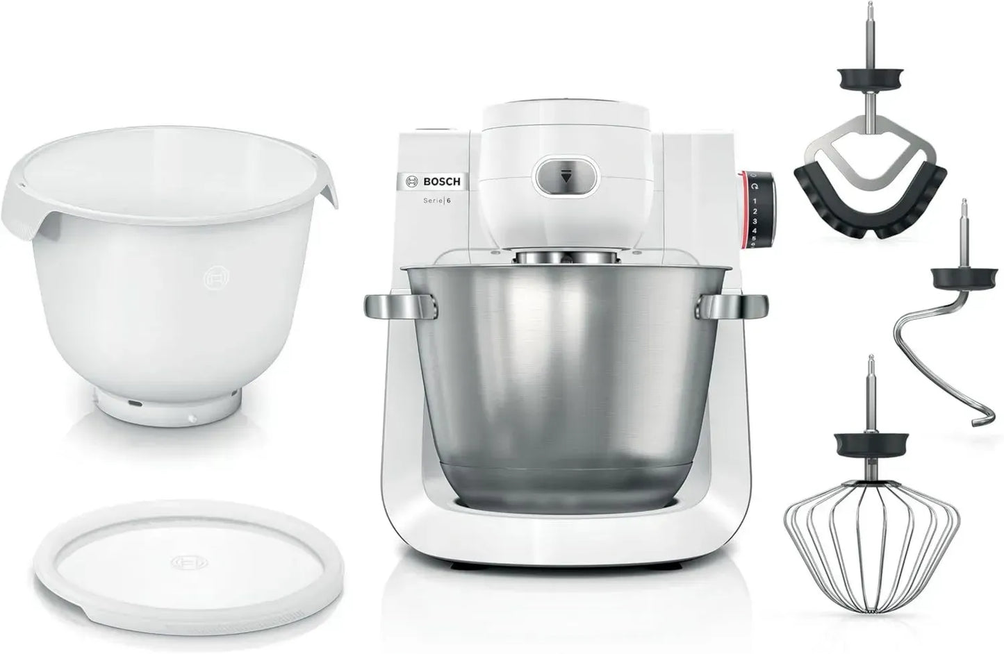 Robot pâtissier BSH Série 6 avec bol inox et plastique 1600W, blanc