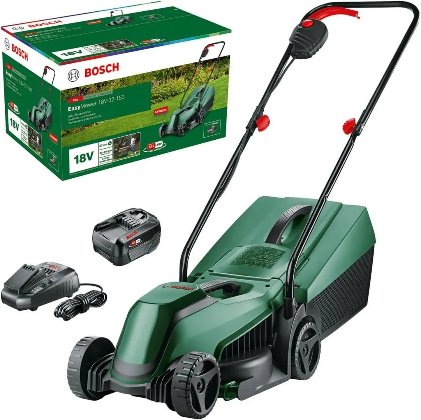 Tondeuse à gazon sans fil Bosch 18V EasyMower - 32 cm, batterie 3,0 Ah, avec chargeur
