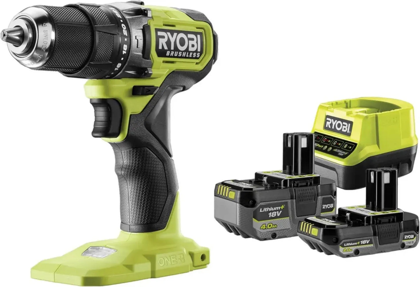 Perceuse-Visseuse à Percussion RYOBI 18V One+ avec Moteur Brushless, Kit de 2 Batteries et Chargeur