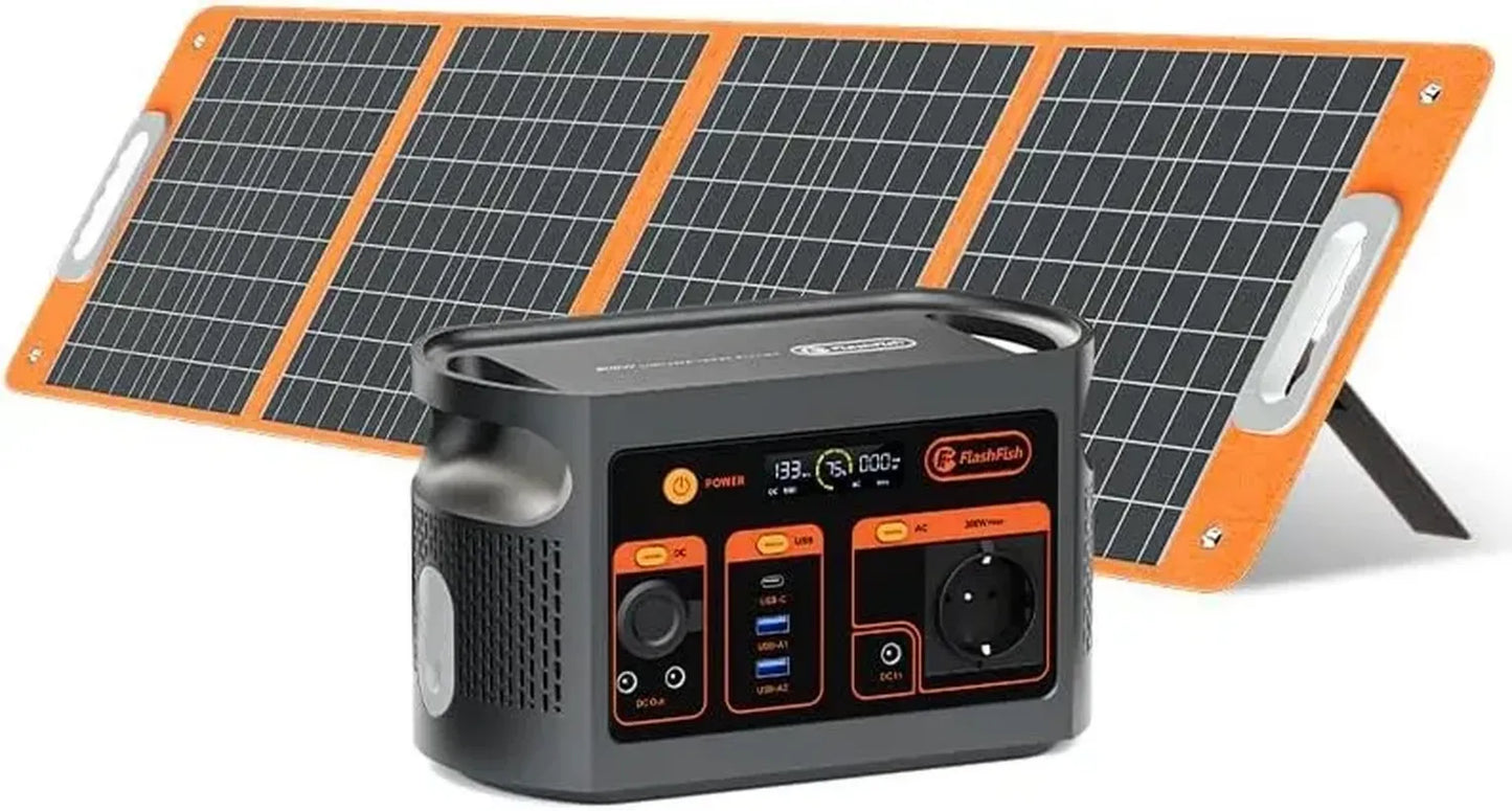 Générateur Électrique Portable 300W FlashFish avec Panneau Solaire 100W, Batterie LiFePO4 179,2Wh, Charge Rapide en 1H, Station Électrique pour Camping et Urgences