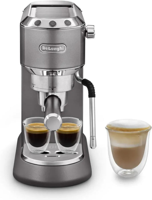 Machine à Expresso Compacte De'Longhi Dedica Arte avec Buse MyLatteArt, Réservoir 1L, 15 cm Large, Compatible E.S.E, Gris Élégant