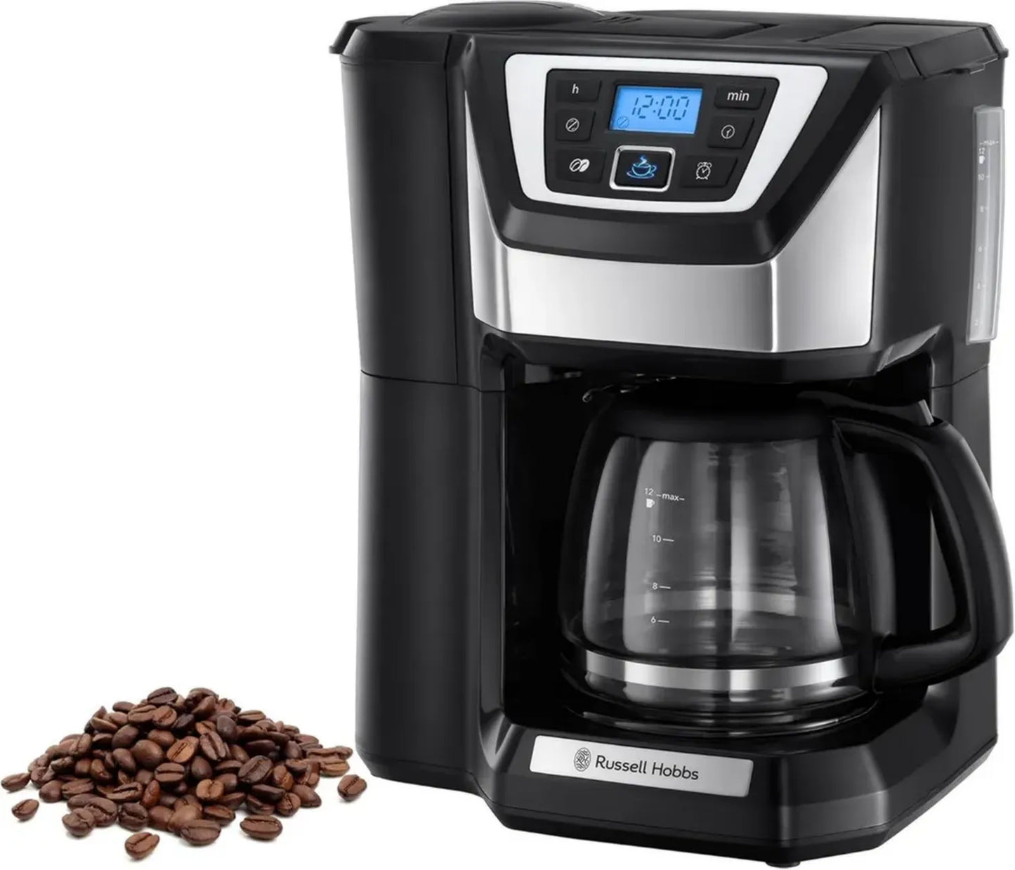 Machine à Café à Grains Programmable Russell Hobbs Chester, Technologie WhirlTech, 12 Tasses, Verseuse en Verre 1,5L, Réglage de Mouture